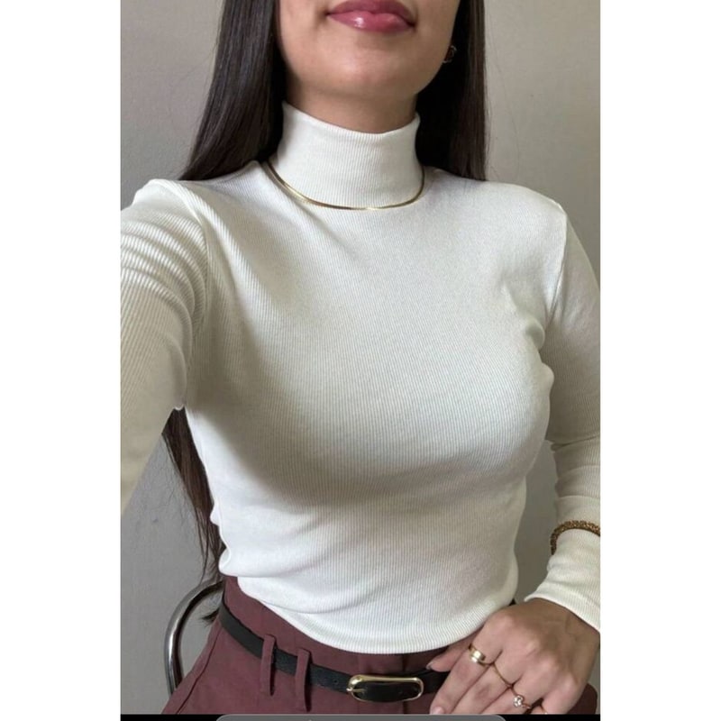 Blusa Feminina Gola Alta Canelada Manga Longa