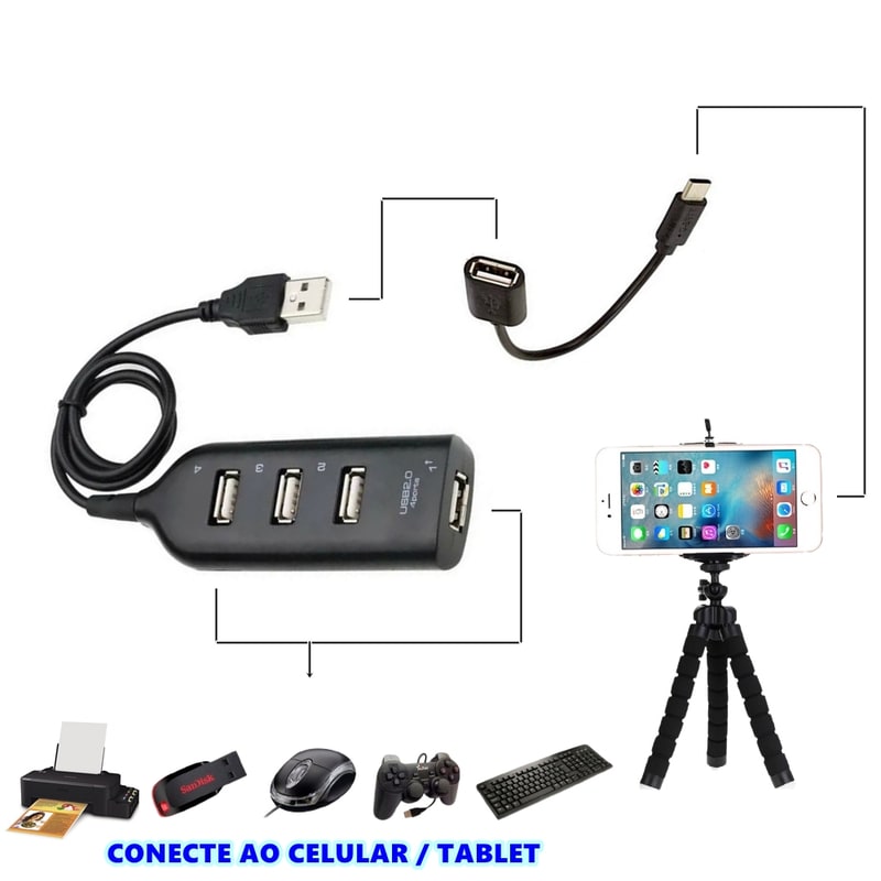 Hub USB 4 Portas com Adaptador OTG para Celular e Tablet